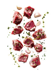 Marinated raw meat chunks w/ garlic and thyme sprigs