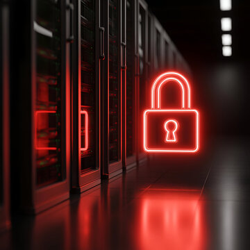 A vivid neon lock symbol glowing in a server room, emphasizing the importance of cybersecurity and data protection.