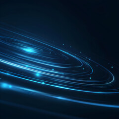 A vibrant abstract composition showcasing dynamic blue light trails and glowing particles in a dark background.