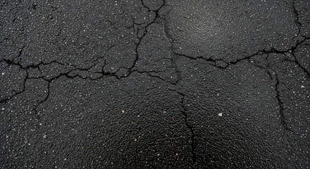 Cracked dark asphalt with water glistening in the depressions and fissures