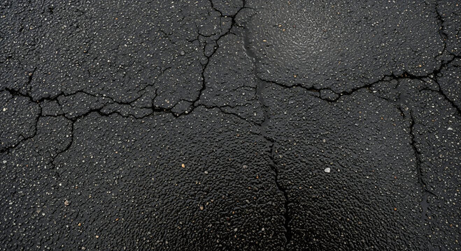Cracked dark asphalt with water glistening in the depressions and fissures
