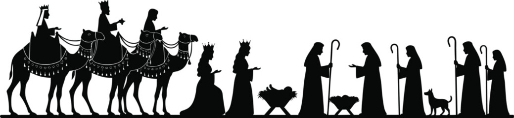 Christmas nativity scene silhouette with three wise men on camels, shepherds, holy family, and baby Jesus in manger, black vector illustration for holiday design