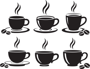 Set of Coffee Cup Silhouettes with Steam, Beans and Saucers, Various Designs of Hot Drinks, Beverage Icons on Transparent Backdrop