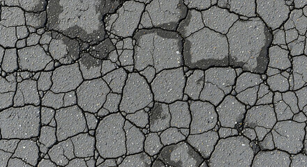 Cracked gray asphalt shows a web of dark fissures and scattered water spots