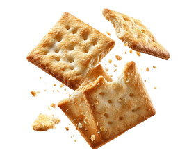 Crackers floating, broken, and whole against a dark backdrop