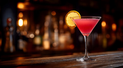 A vibrant cocktail with a slice of lemon, elegantly presented in a sleek glass against a blurred bar background.