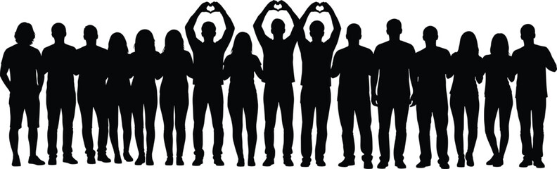 Unity silhouette, group support, heart gesture, community togetherness, people standing, love symbol, collective identity, cad drawing flat vector illustration