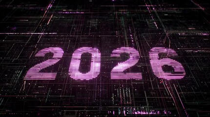 Glowing purple 2026 new year digital typography set against a circuit board grid Digitized effect and bright highlights