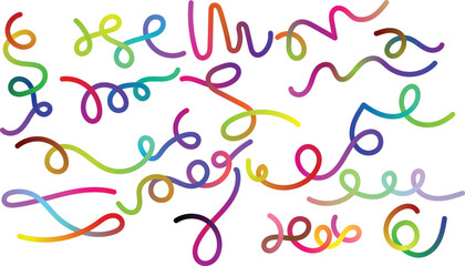 Dynamic abstract pattern of multi-colored gradient lines with curvy, wavy, and spiral shapes creating a vibrant artistic background design.