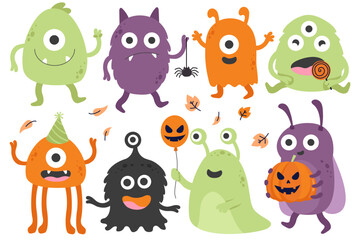 Naklejka premium Cute Halloween Monster Character Pack Flat Vector Illustration
