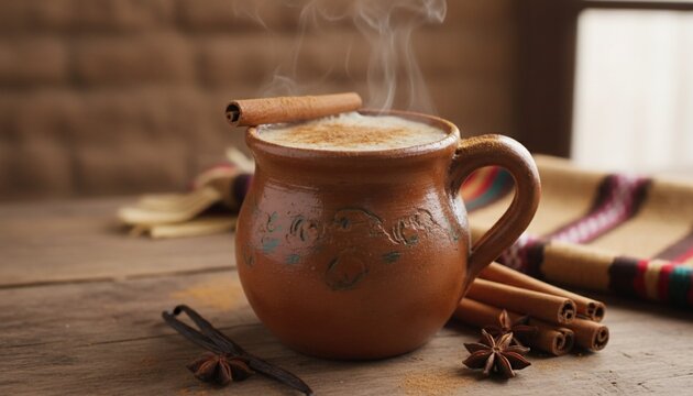Warm Atole Drink with Cinnamon Sticks in Rustic Mug.