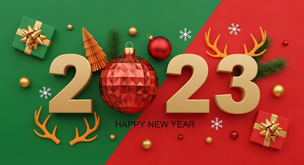 Festive 2023 new year celebration with gifts and ornaments on colorful background