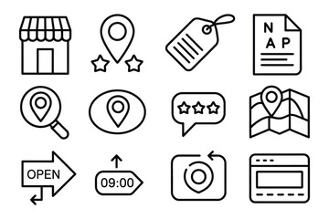 Local SEO line icons, line style icons of local SEO google business, map pin with stars, local citation tag, nap consistency, vector illustration perfect for digital marketing, website design