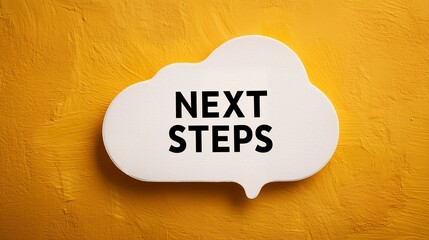 White cloud with 'Next Steps' text on textured yellow backdrop offering visual simplicity, concept for business strategy, personal development and future planning