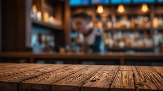 Blurry bar background with wooden table ideal for product placement and mockups. 4k video