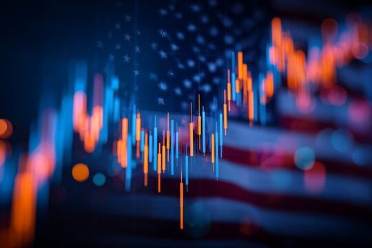 Abstract financial chart with candlestick patterns overlaid on a blurred American flag, concept for stock market analysis, economic forecasting and investment strategies