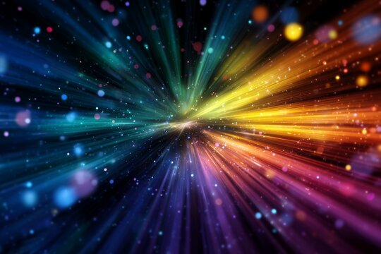 Colorful abstract burst of light streaks and bokeh particles on dark background. Concept for cosmic energy, speed motion and galaxy exploration