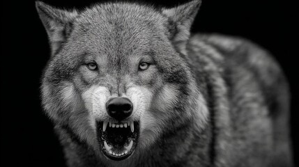 A very aggressive looking wolf showing his teeth, front view