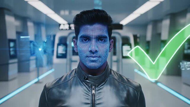 Futuristic figure with avant garde faceplate stands confidently in sleek hallway, embodying cutting edge design and forward thinking innovation, perfect for visual communications requiring.