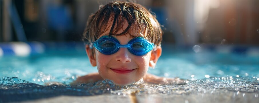 Smiling boy wearing blue goggles in clear pool water with sunlight reflections, concept for swimming lessons, summer vacation and family fun
