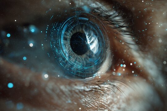 Detailed close-up of a human eye with futuristic digital interface overlay and sparkling particles, concept for biometric security, advanced technology and virtual reality