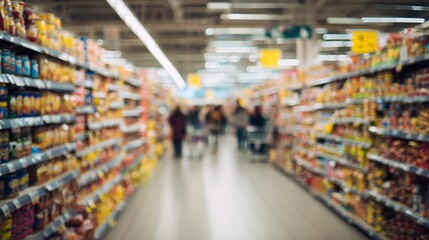 Fototapeta premium Blurred supermarket aisle with shelves stocked with various products and shoppers, concept for retail marketing, consumer behavior analysis and economic trends