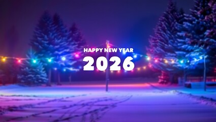 Happy New Year 2026 winter landscape with colorful lights and snow