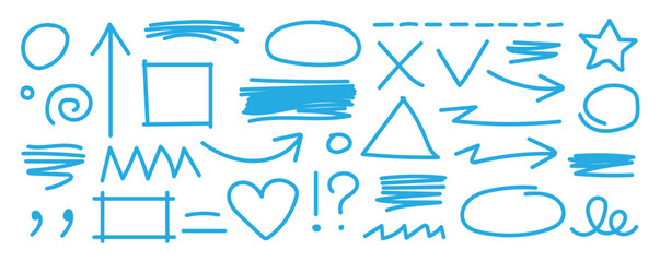 Sketch line frames, pointers. Doodle arrow, circle, oval and square shape frame, check mark. Blue marker, pen underline and navigation symbols.  Chalkboard frame sketch. Vector illustration © Gfxgner