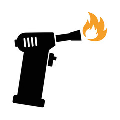 Black silhouette of a butane torch with a bright orange flame.