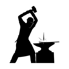 Silhouette of a blacksmith striking an anvil with a hammer, creating sparks.