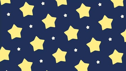 A delightful looping motion background featuring a pattern of charming yellow and white stars against a deep blue night sky, ideal for children's content