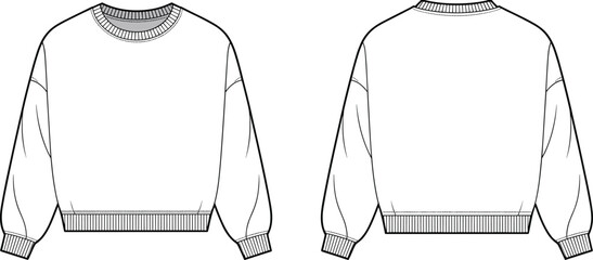 Crewneck sweatshirt flat cad drawing, front and back oversize pullover template, rib collar cuff hem technical fashion sketch for apparel tech pack production vector © Khaleda Creative