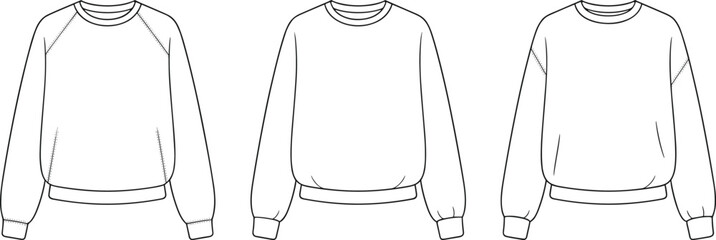 Crewneck sweatshirt front tech flat fashion pullover fleece template long sleeve casual apparel mockup sewing detail apparel tech pack cad drawing flat vector illustration