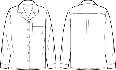 Classic button up long sleeve shirt flat fashion technical sketch with collar and pocket for apparel design, clothing template and pattern making, cad drawing flat vector illustration