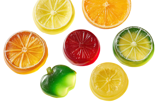 Colorful, fruit-shaped candies arranged on a black background