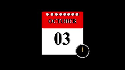03 October month calendar with time symbol. Simple calendar icon animation and date change of time month.