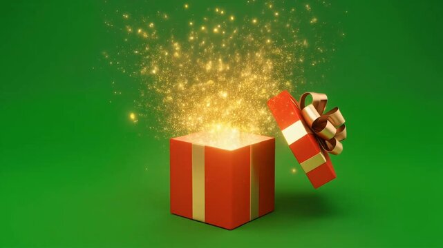 A red gift box with a golden ribbon, emitting golden sparkles against a green background.