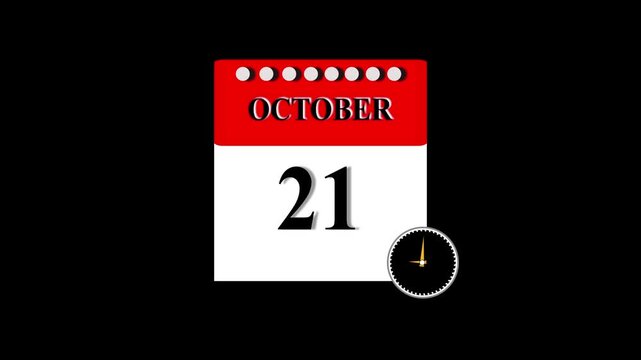 21 November Date Calendar Icon Animation ,November month 21 date calendar icon clock animation. Digital calendar month concept design. Alpha matte with transparent background 4K resolution. 