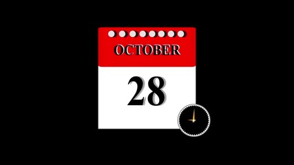 28 November Date Calendar Icon Animation ,November month 28 date calendar icon clock animation. Digital calendar month concept design. Alpha matte with transparent background 4K resolution. 