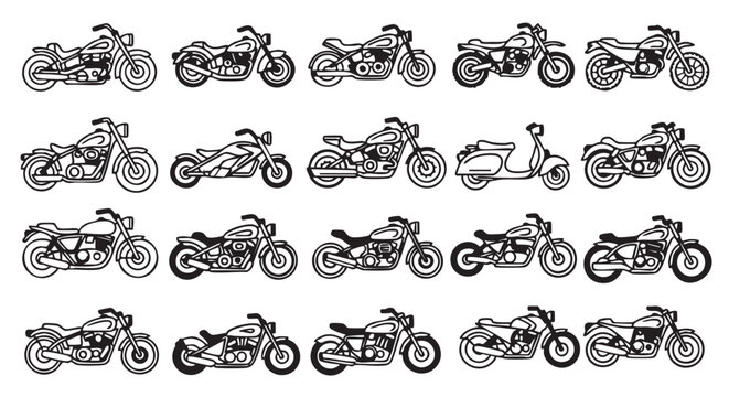 Seamless Pattern with Different Motorcycle Silhouettes in Black and White Style