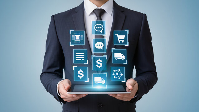 Marketing and network technology, Businessperson using tablet computer, Network structure and business icons