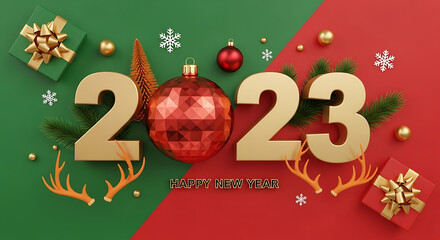 Festive 2023 happy new year design with ornaments and gifts on a split background