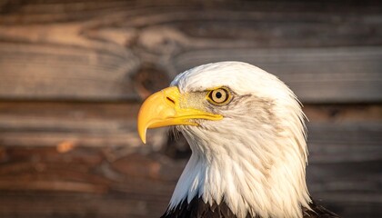 Obraz premium Close-up portrait of a majestic bald eagle, showcasing its sharp beak and intense gaze against a wooden backdrop.