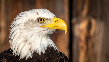 Fototapeta premium Close-up profile portrait of a majestic bald eagle, showcasing its sharp beak and intense gaze.