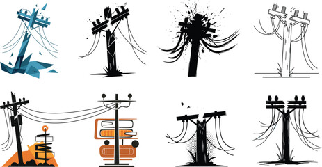 Creative illustration set of damaged and abstract utility poles with power lines, artistic sketch style electrification concept for graphic design