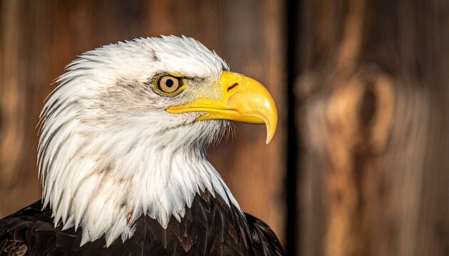 Close-up profile portrait of a majestic bald eagle, showcasing its sharp beak and intense gaze.