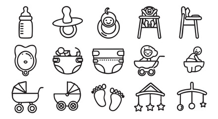 Set of vector baby related line drawings on white background
