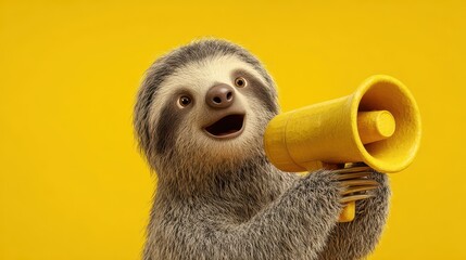 Obraz premium Sloth joyfully holding a yellow megaphone against a bright yellow background