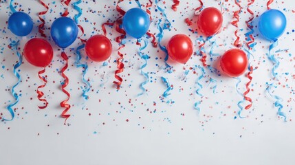 Red and blue balloons with streamers and confetti create a festive atmosphere for a celebration or party