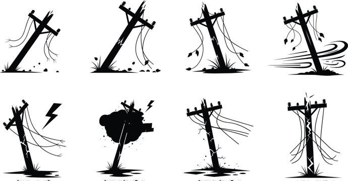 Damaged utility poles illustration set with broken wires, electric shock effects, leaning wooden structures, dramatic silhouette design for graphic artwork